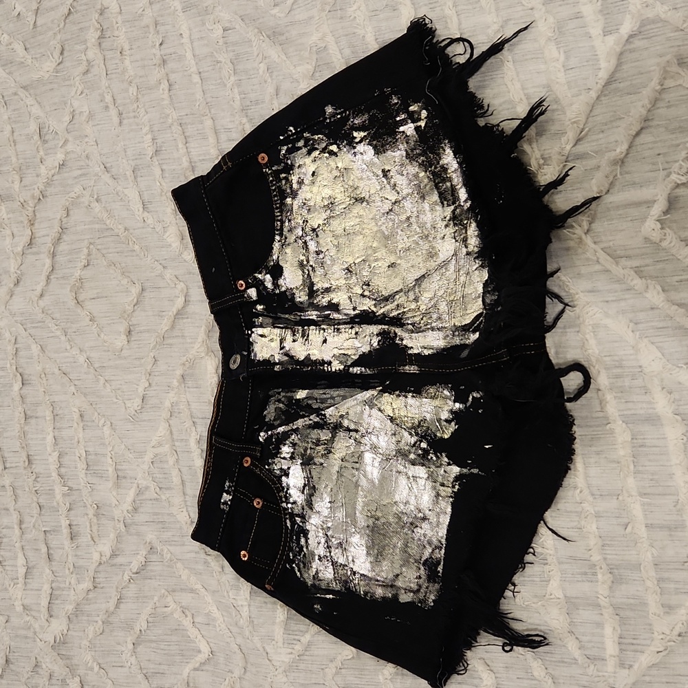Upcycled black levis 501 high waist, button fly shorts w/ silver metallic accent